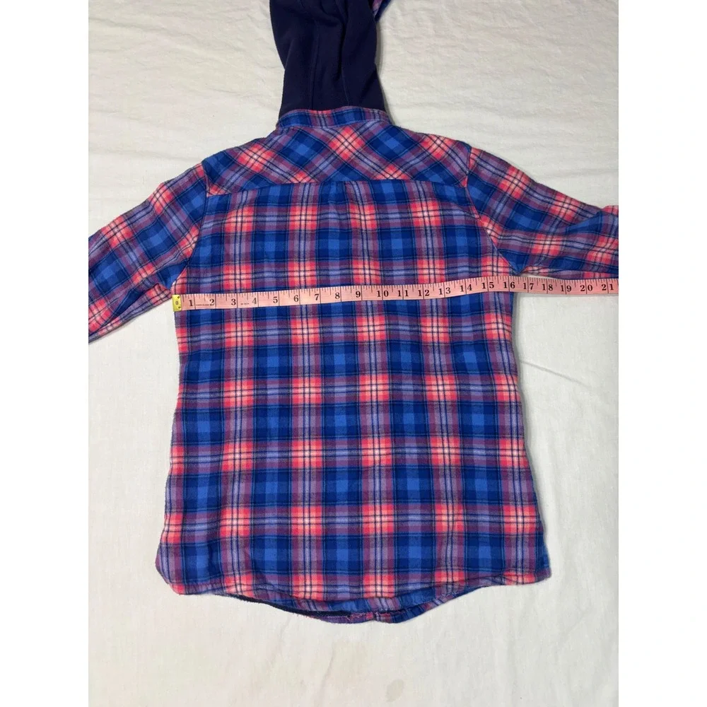 LL Bean Girls Blue Pink Plaid Flannel Fleece Lined Hooded Shirt M 10-12